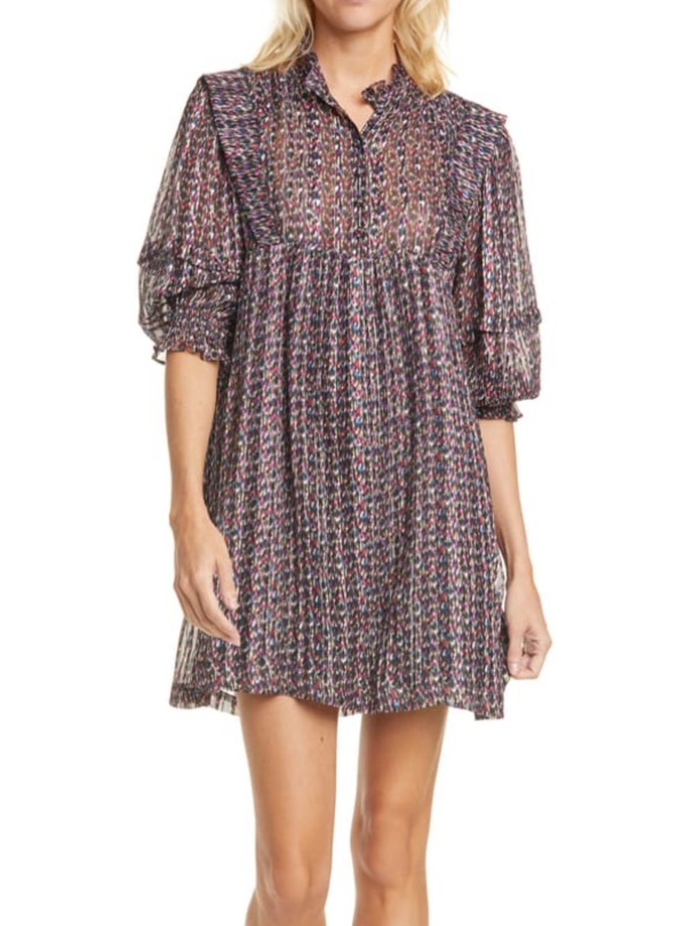 BA&SH Deep Dress mini dress light weight black patterned 3/4 sleeve dress M